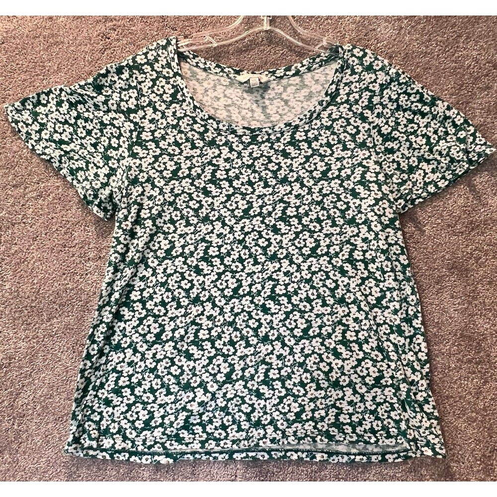 Lucky Brand Womens Medium T-Shirt Green White Ditsy Floral Scoop Neck Top Knit M